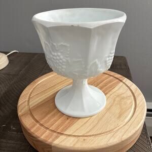 Vintage 1960s White Milk Glass Etched Pedestal Vase